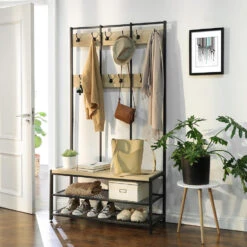 ACAZA Garderoberek Met Bankje, 100cm Breed, Kapstok En Schoenenrek - Lichte Eik -Meubel Verkoop 1000045921 0102